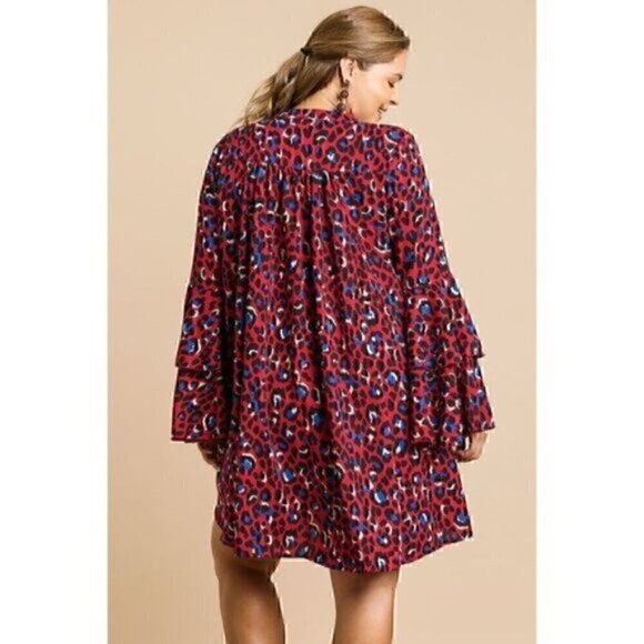 Red Leopard 70s V Neck  Tier  Hippie Bell Sleeve Bohemian Mini Dress M - Picture 3 of 14